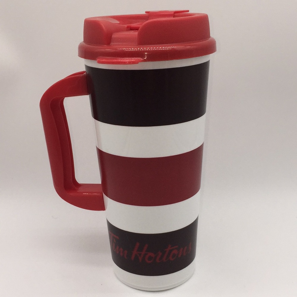 Tim Hortons Red Brown Striped Coffee Travel Mug